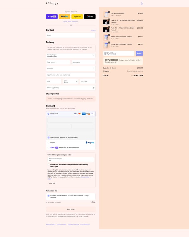 ByHeart checkout page showing ByHeart discount code box | Screenshot taken by SimplyCodes community member on Aug 4, 2025