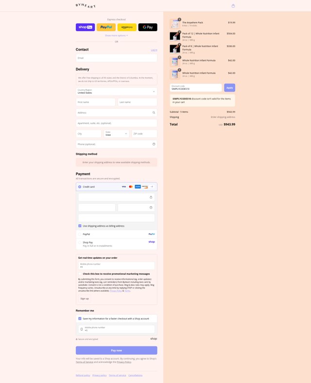 ByHeart checkout page showing ByHeart discount code box | Screenshot taken by SimplyCodes community member on Aug 26, 2025