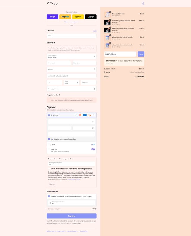 ByHeart checkout page showing ByHeart discount code box | Screenshot taken by SimplyCodes community member on Sep 3, 2025