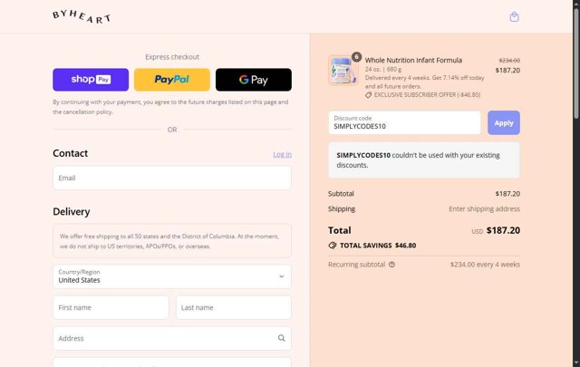 ByHeart checkout page showing ByHeart discount code box | Screenshot taken by SimplyCodes community member on Aug 22, 2025