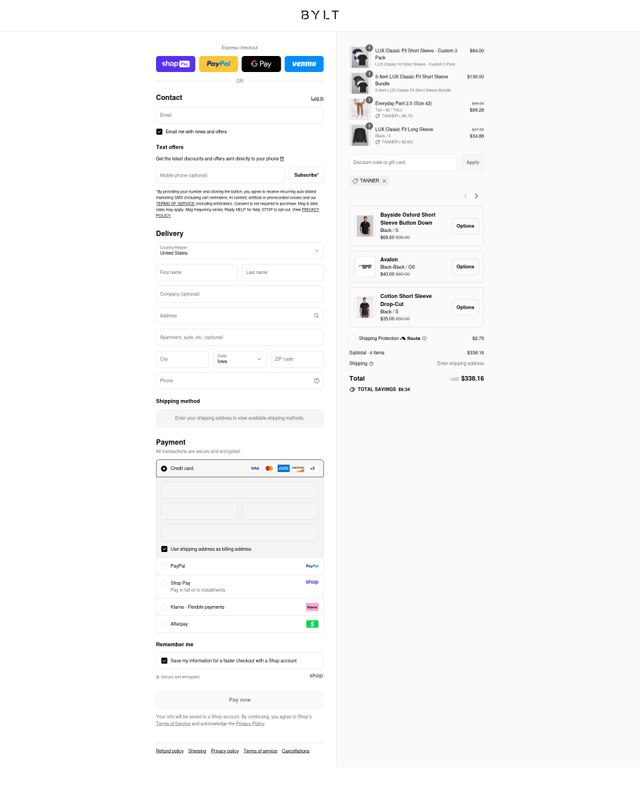 BYLT Basics checkout page showing BYLT Basics discount code box | Screenshot taken by SimplyCodes community member on Aug 28, 2025