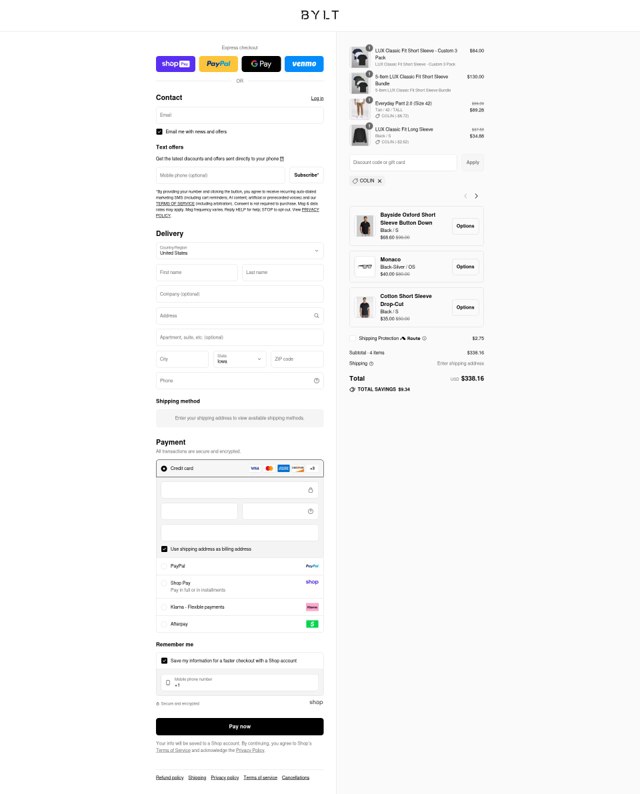 BYLT Basics checkout page showing BYLT Basics discount code box | Screenshot taken by SimplyCodes community member on Aug 28, 2025