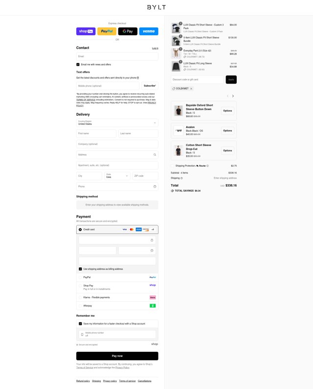 BYLT Basics checkout page showing BYLT Basics discount code box | Screenshot taken by SimplyCodes community member on Aug 28, 2025