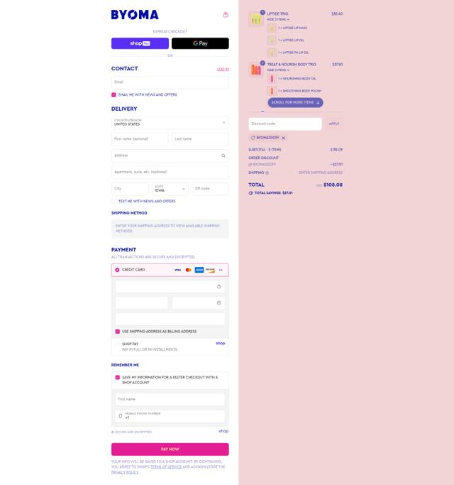 BYOMA checkout page showing BYOMA discount code box | Screenshot taken by SimplyCodes community member on Aug 26, 2025