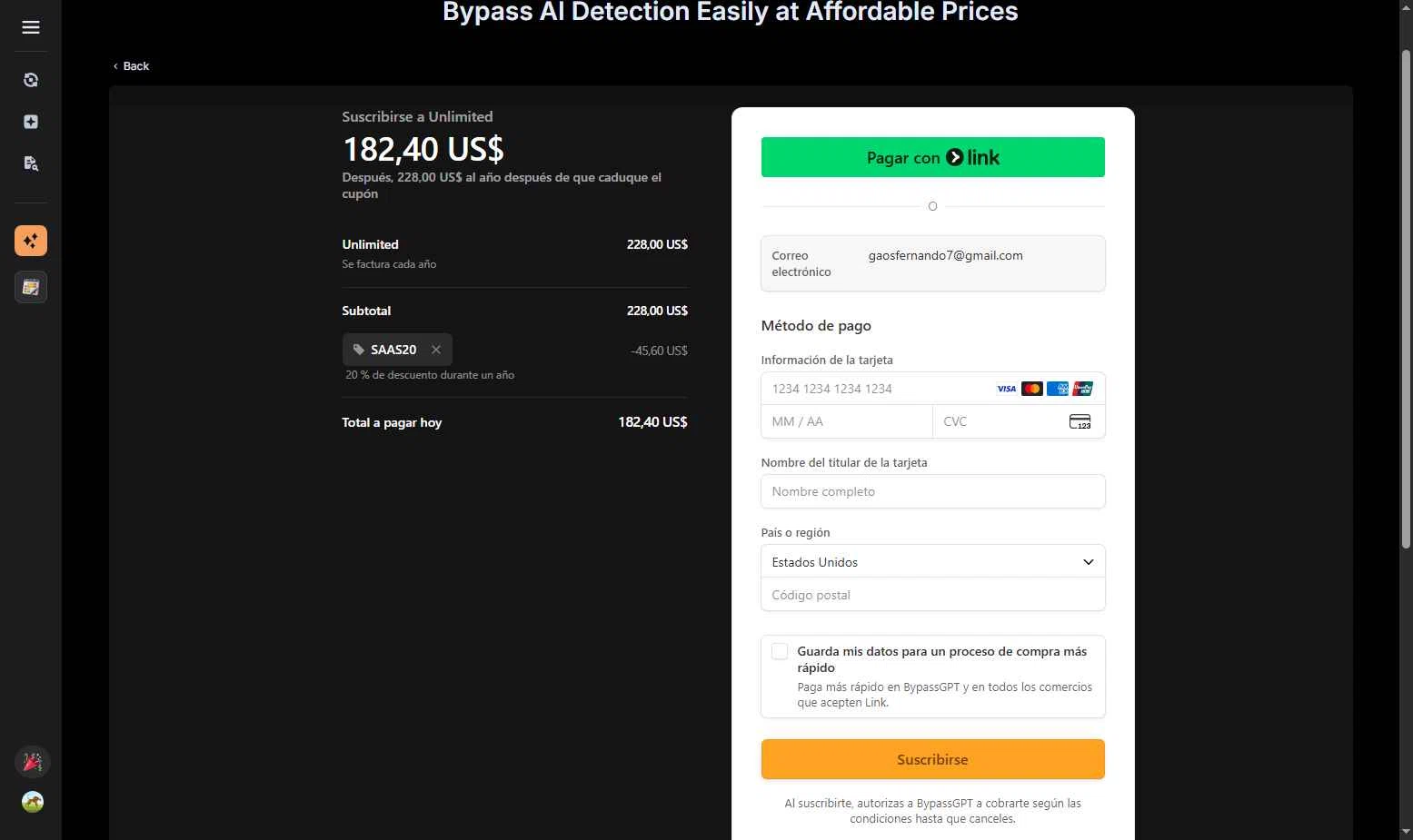 BypassGPT checkout page showing BypassGPT promo code box | Screenshot taken by SimplyCodes community member on Aug 10, 2025