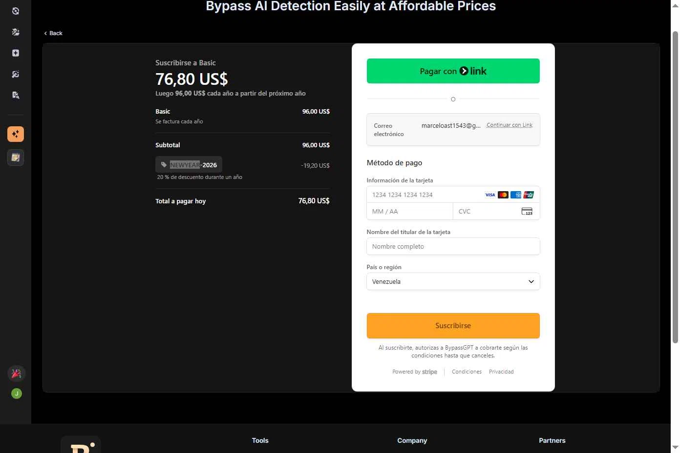 BypassGPT checkout page showing BypassGPT promo code box | Screenshot taken by SimplyCodes community member on Dec 27, 2025