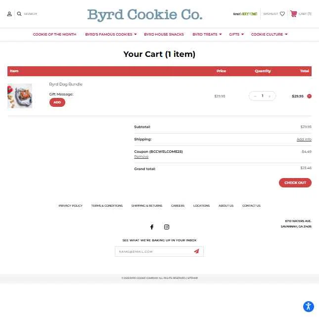 Byrd Cookie Company checkout page showing Byrd Cookie Company promo code box | Screenshot taken by SimplyCodes community member on May 15, 2025