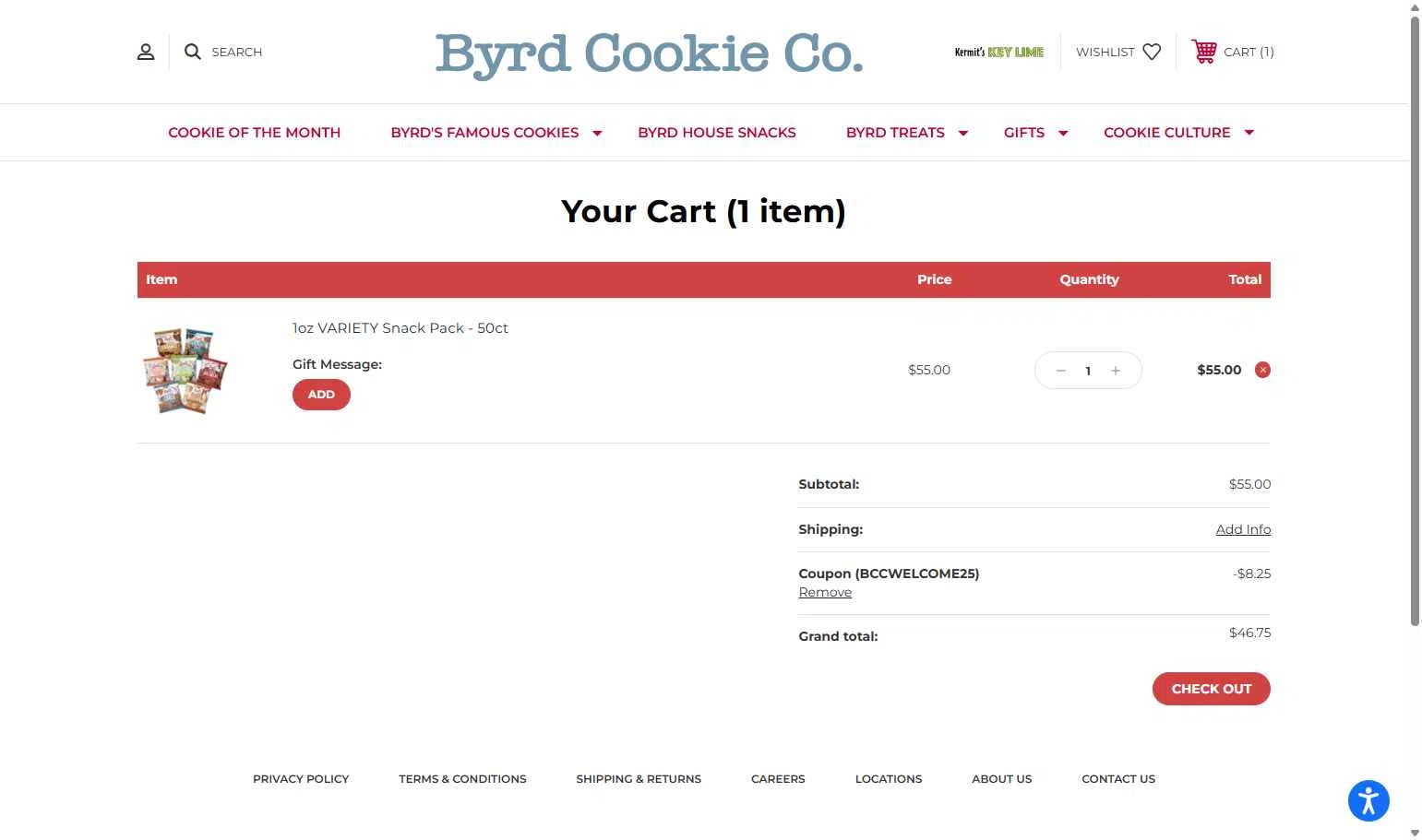 Byrd Cookie Company checkout page showing Byrd Cookie Company promo code box | Screenshot taken by SimplyCodes community member on Jul 26, 2025