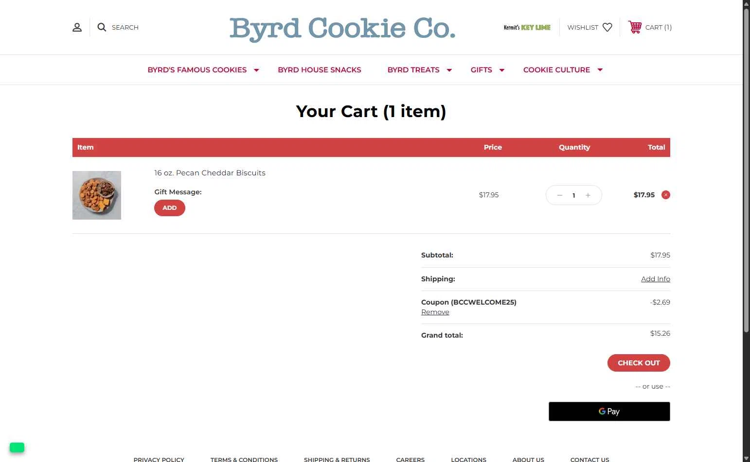 Byrd Cookie Company checkout page showing Byrd Cookie Company promo code box | Screenshot taken by SimplyCodes community member on Aug 24, 2025