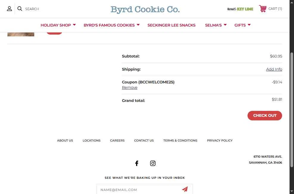 Byrd Cookie Company checkout page showing Byrd Cookie Company promo code box | Screenshot taken by SimplyCodes community member on Dec 19, 2025