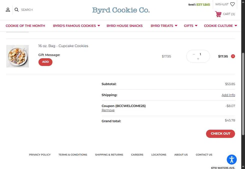 Byrd Cookie Company checkout page showing Byrd Cookie Company promo code box | Screenshot taken by SimplyCodes community member on Jul 5, 2025