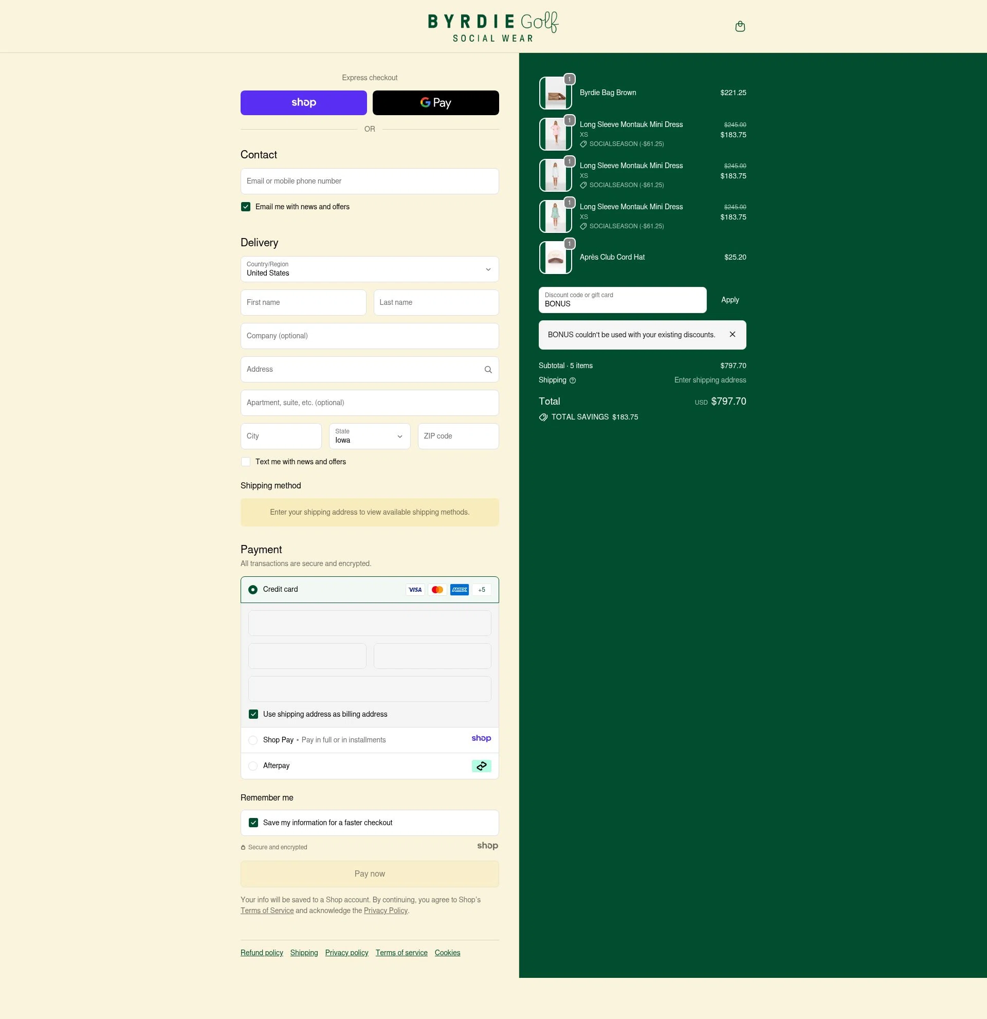 Byrdie Golf Social Wear checkout page showing Byrdie Golf Social Wear promo code box | Screenshot taken by SimplyCodes community member on Dec 14, 2025