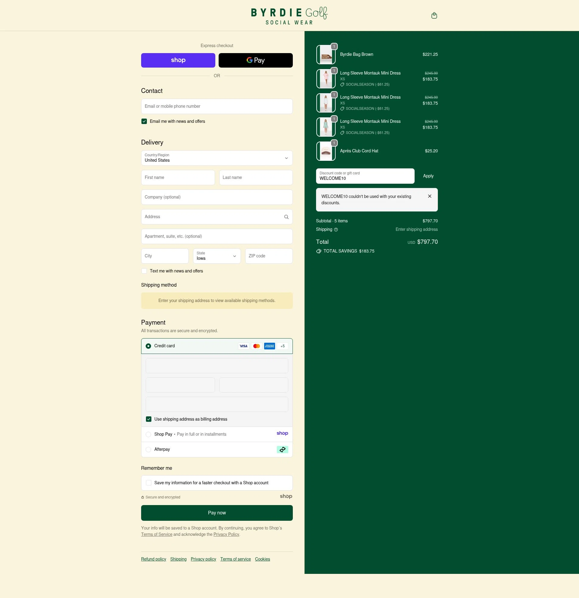 Byrdie Golf Social Wear checkout page showing Byrdie Golf Social Wear promo code box | Screenshot taken by SimplyCodes community member on Dec 8, 2025
