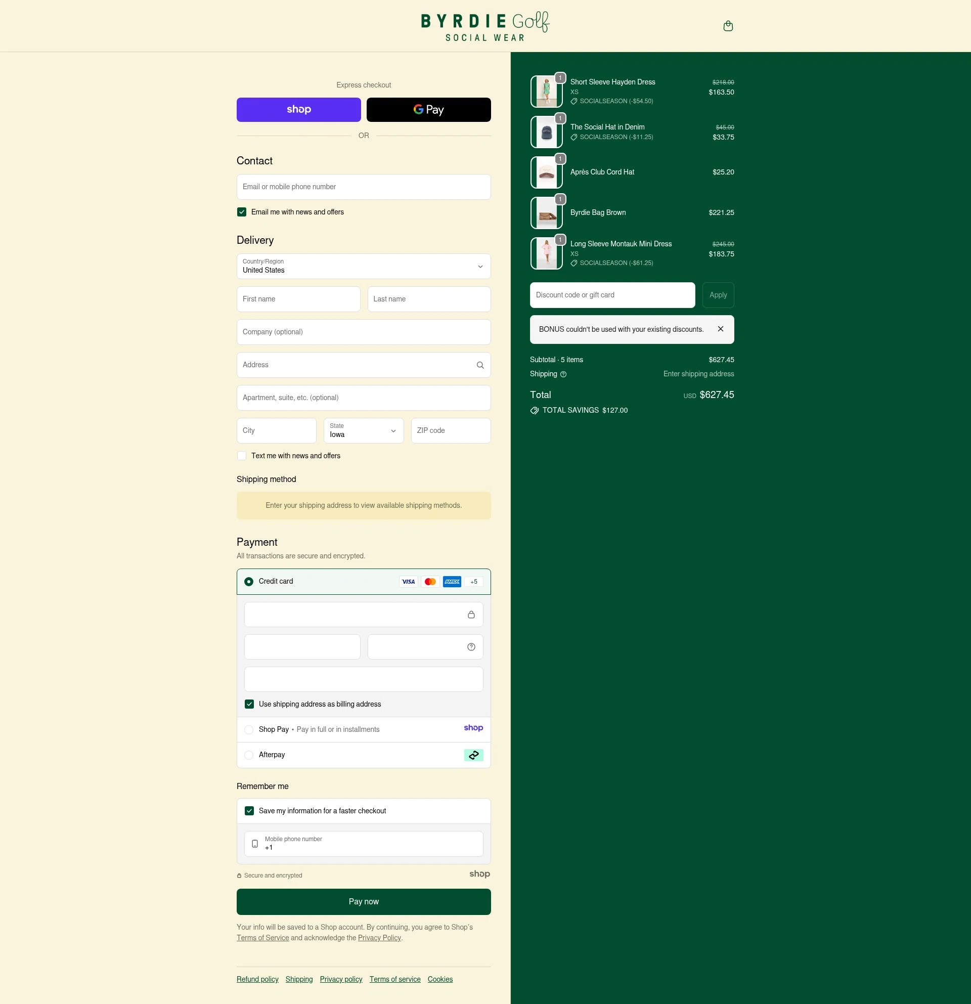 Byrdie Golf Social Wear checkout page showing Byrdie Golf Social Wear promo code box | Screenshot taken by SimplyCodes community member on Dec 26, 2025