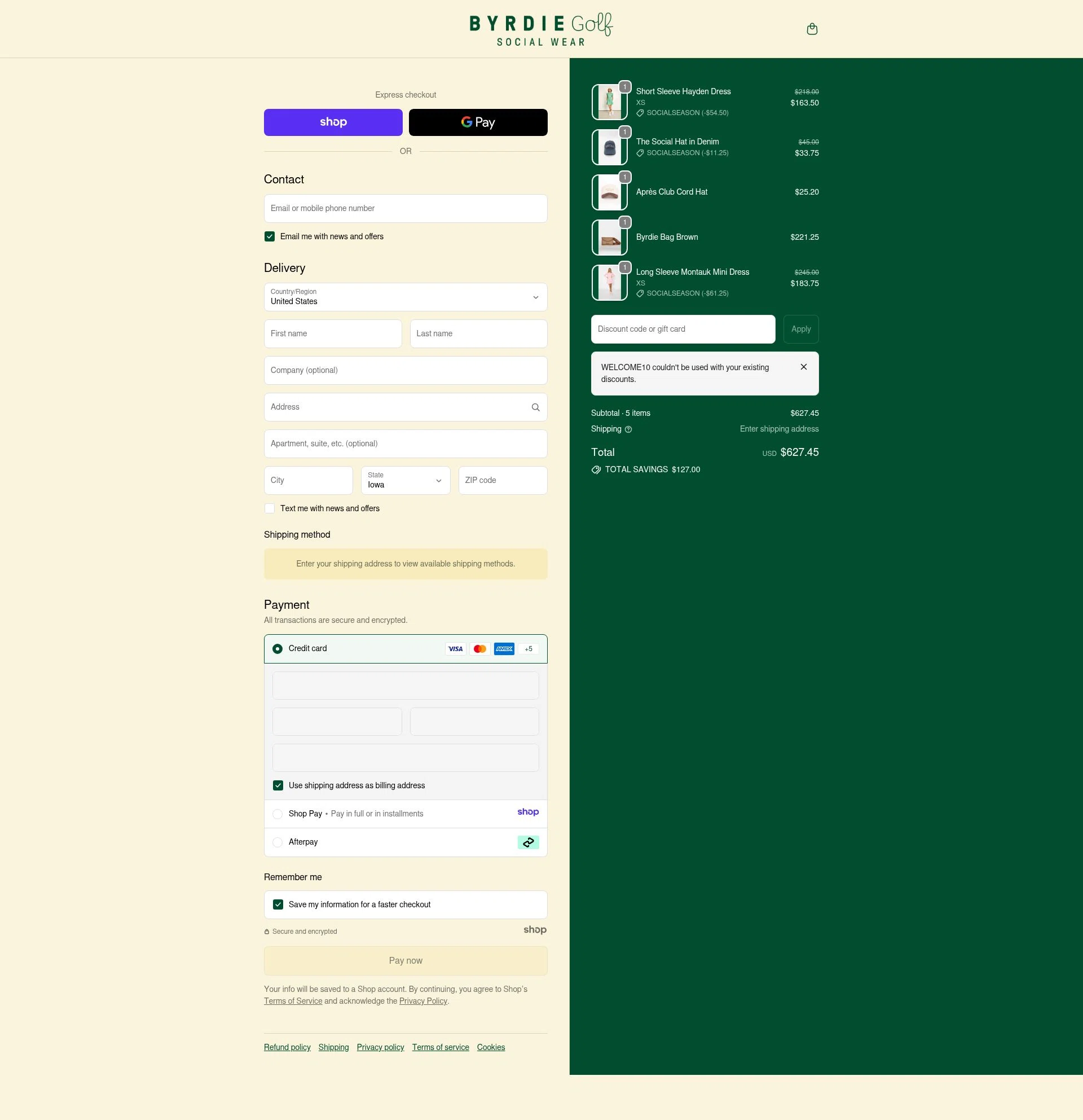 Byrdie Golf Social Wear checkout page showing Byrdie Golf Social Wear promo code box | Screenshot taken by SimplyCodes community member on Dec 31, 2025