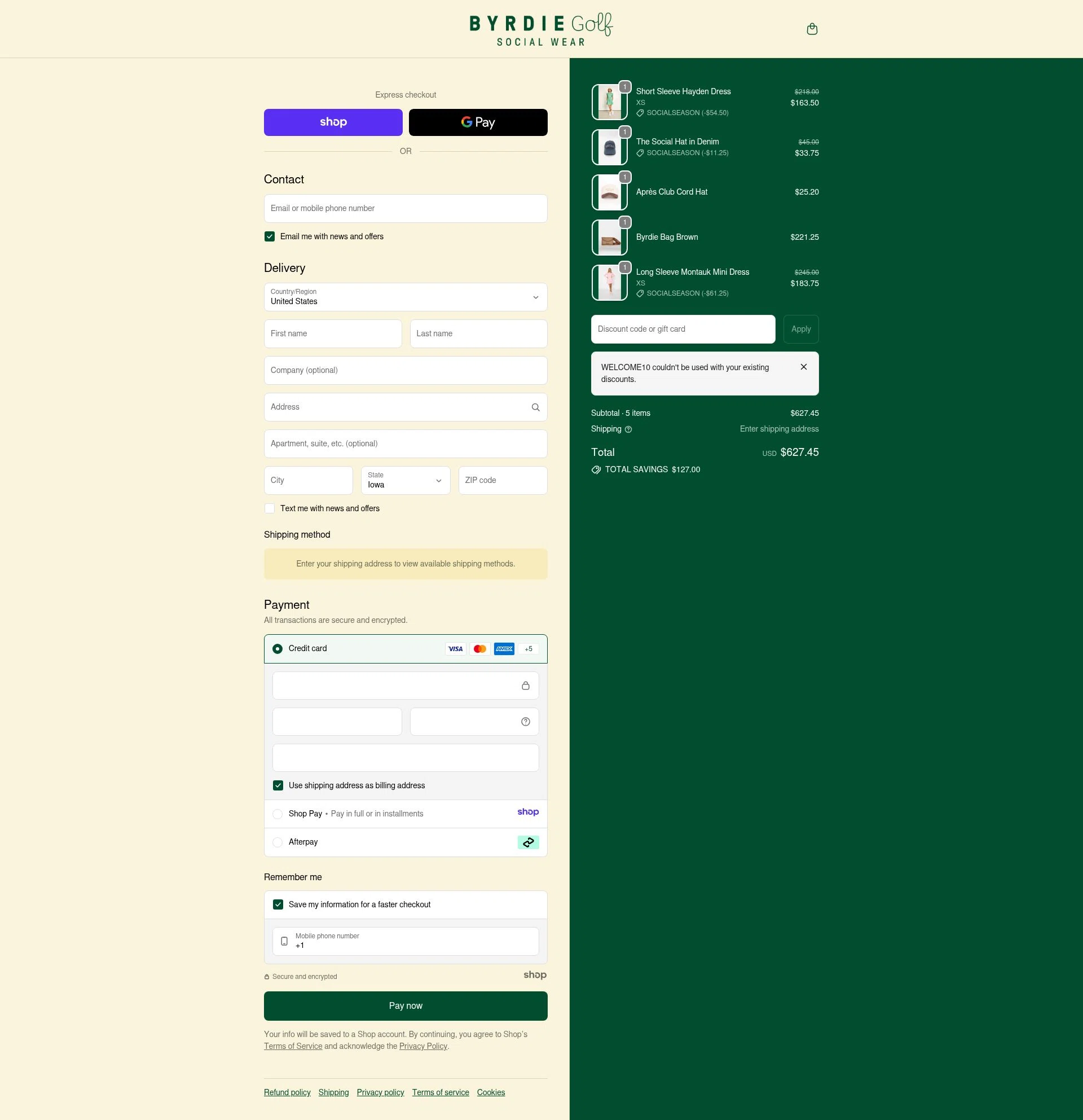 Byrdie Golf Social Wear checkout page showing Byrdie Golf Social Wear promo code box | Screenshot taken by SimplyCodes community member on Dec 26, 2025