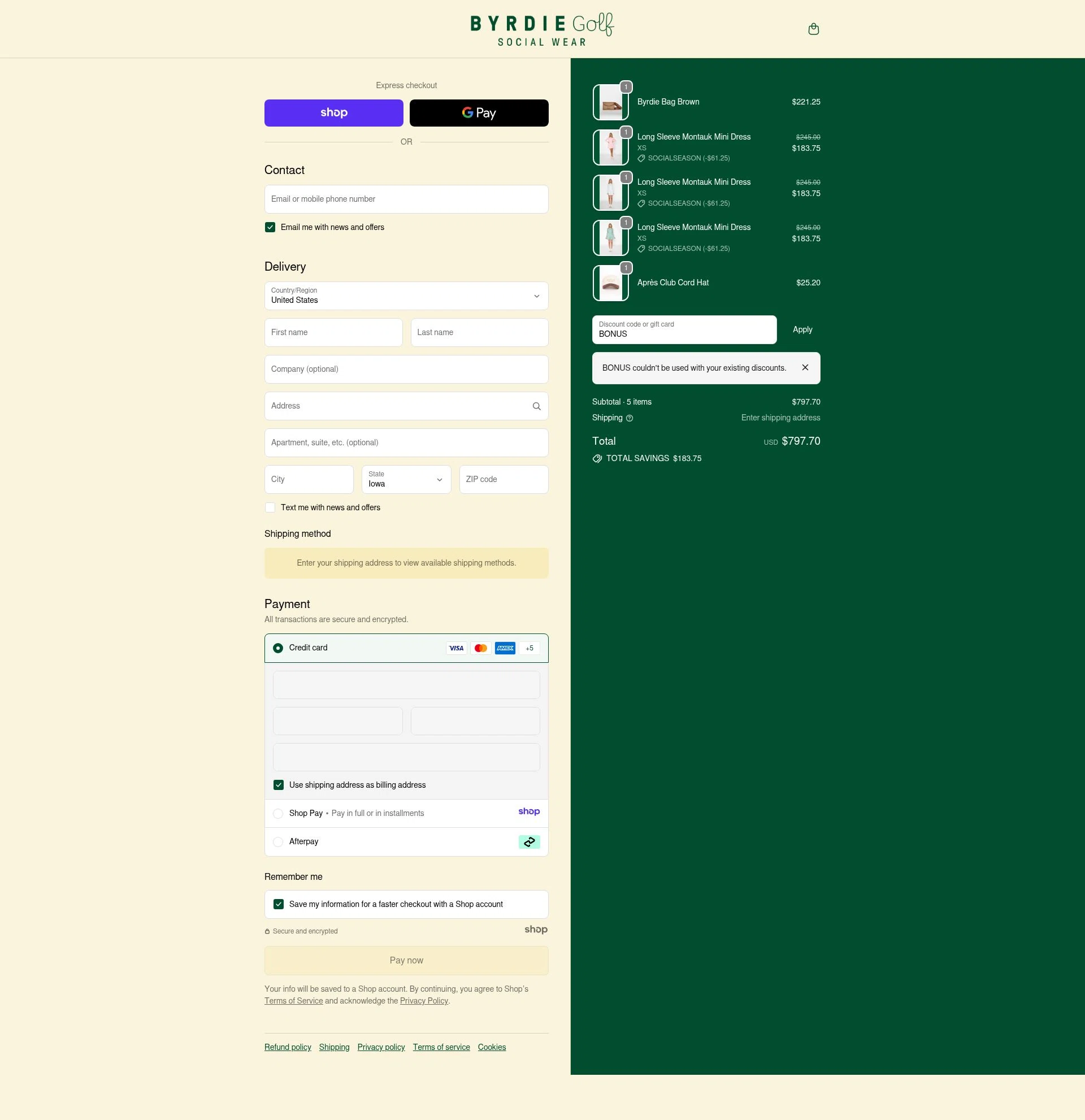 Byrdie Golf Social Wear checkout page showing Byrdie Golf Social Wear promo code box | Screenshot taken by SimplyCodes community member on Dec 8, 2025