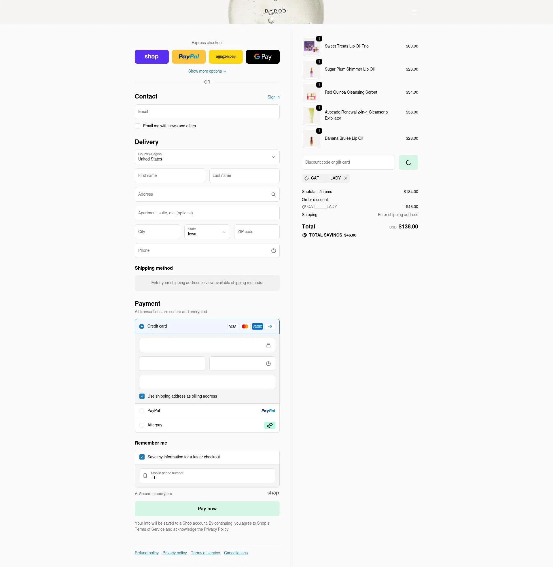 BYROE checkout page showing BYROE discount code box | Screenshot taken by SimplyCodes community member on Dec 29, 2025