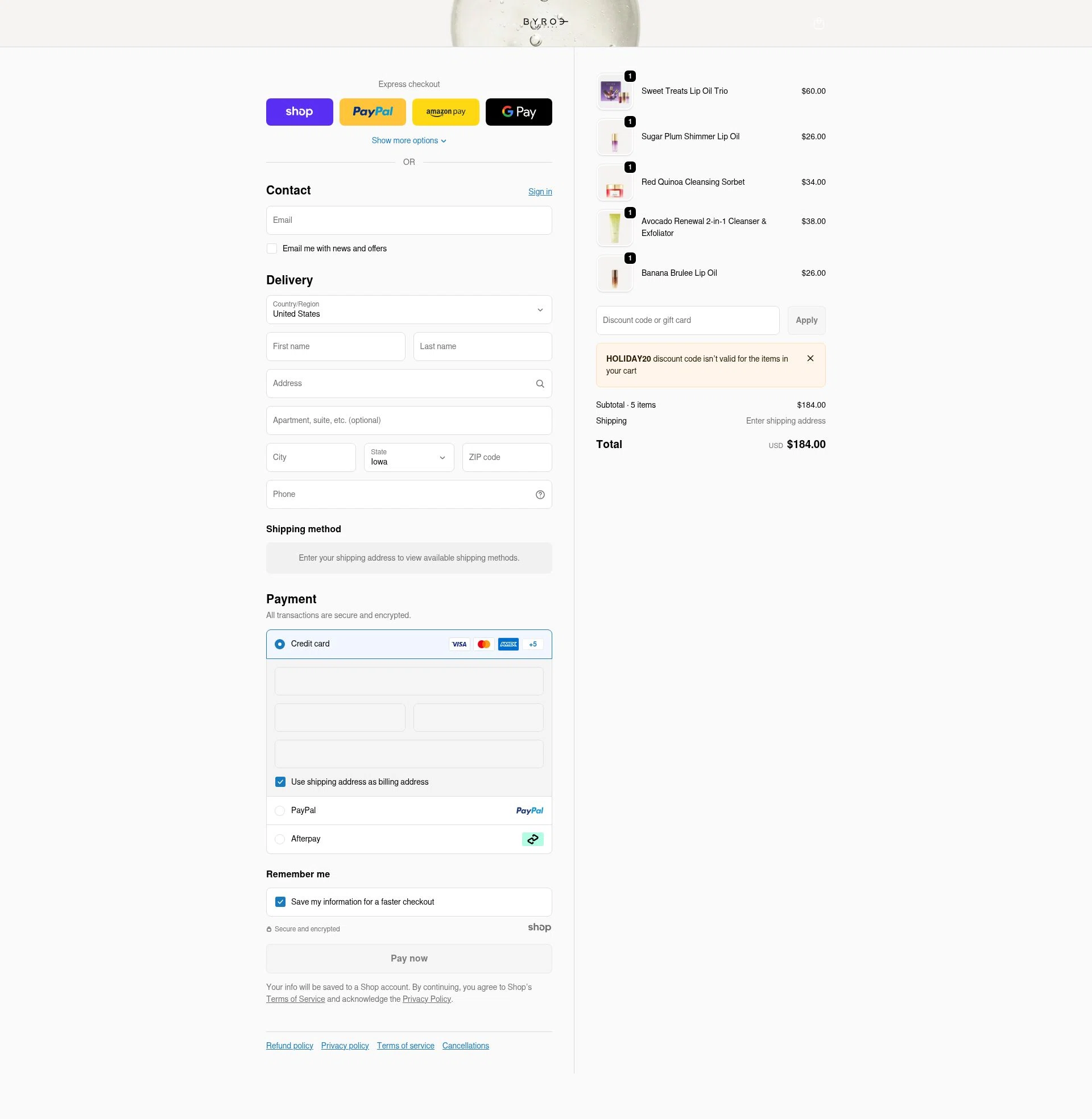 BYROE checkout page showing BYROE discount code box | Screenshot taken by SimplyCodes community member on Dec 29, 2025