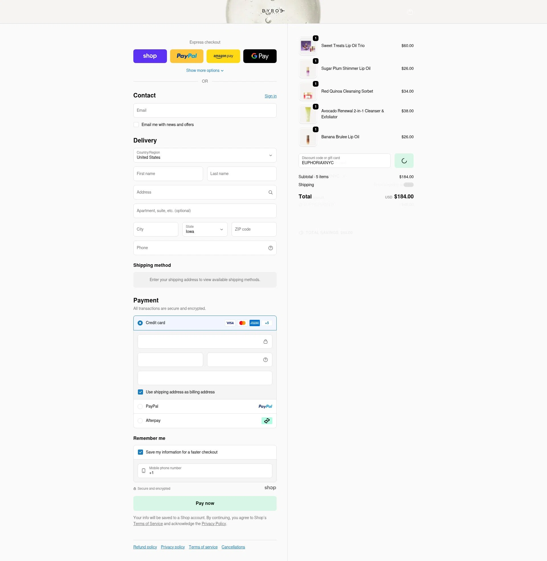 BYROE checkout page showing BYROE discount code box | Screenshot taken by SimplyCodes community member on Dec 29, 2025
