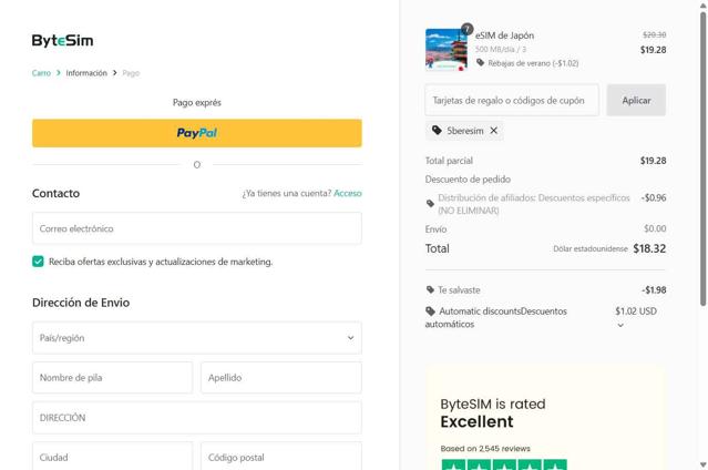 ByteSIM checkout page showing ByteSIM discount code box | Screenshot taken by SimplyCodes community member on Aug 29, 2025