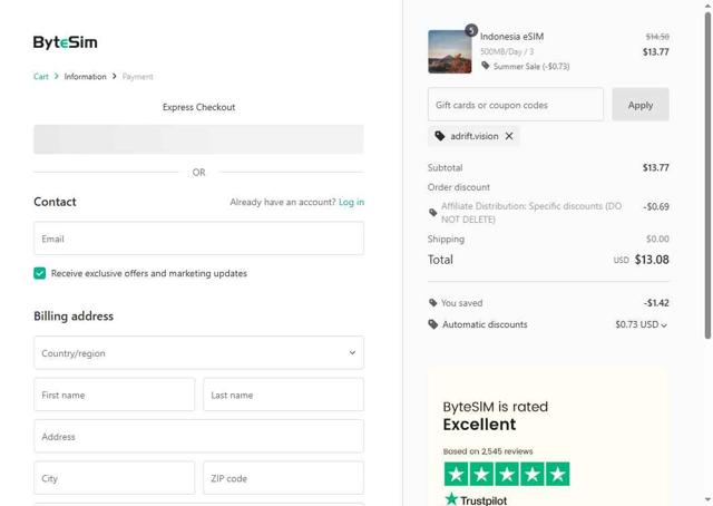 ByteSIM checkout page showing ByteSIM discount code box | Screenshot taken by SimplyCodes community member on Aug 29, 2025