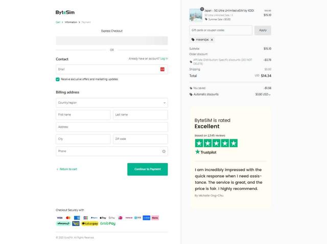 ByteSIM checkout page showing ByteSIM discount code box | Screenshot taken by SimplyCodes community member on Aug 29, 2025