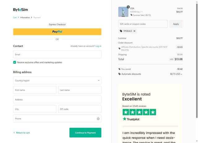 ByteSIM checkout page showing ByteSIM discount code box | Screenshot taken by SimplyCodes community member on Sep 16, 2025