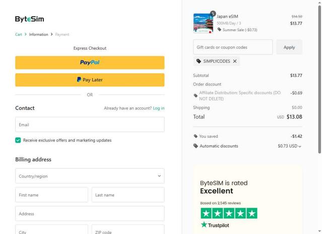 ByteSIM checkout page showing ByteSIM discount code box | Screenshot taken by SimplyCodes community member on Sep 14, 2025