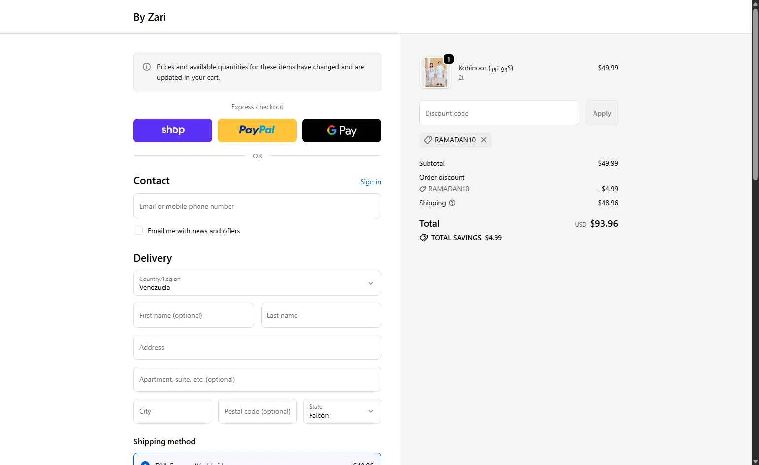 By Zari checkout page showing By Zari promo code box | Screenshot taken by SimplyCodes community member on Feb 20, 2026