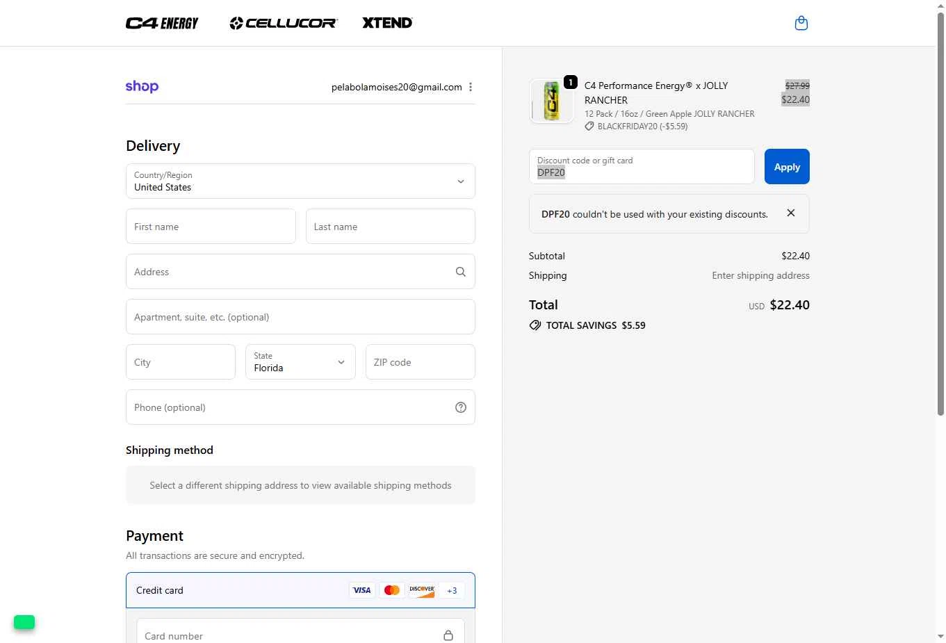 C4 Energy checkout page showing C4 Energy promo code box | Screenshot taken by SimplyCodes community member on Nov 30, 2025