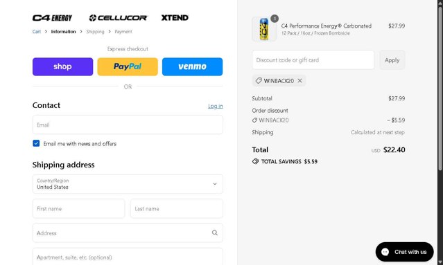 C4 Energy checkout page showing C4 Energy promo code box | Screenshot taken by SimplyCodes community member on Sep 2, 2025
