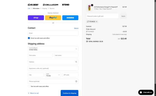 C4 Energy checkout page showing C4 Energy promo code box | Screenshot taken by SimplyCodes community member on Oct 1, 2025