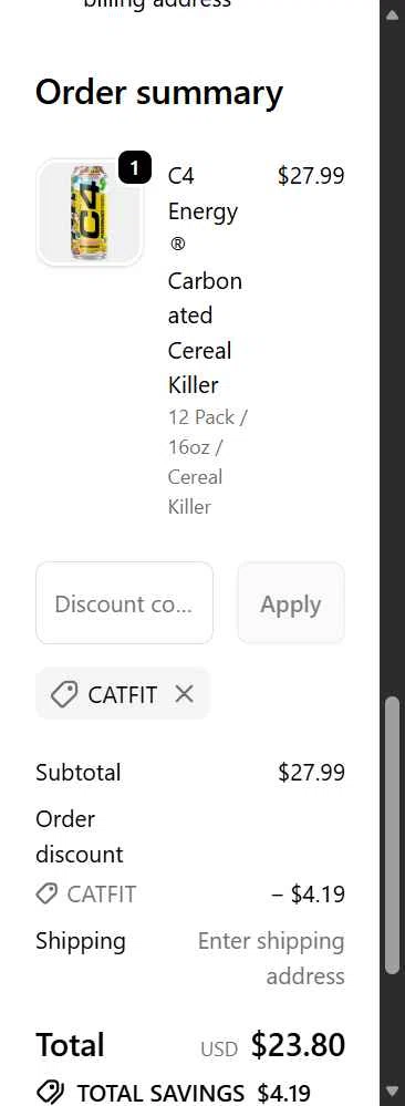 C4 Energy checkout page showing C4 Energy promo code box | Screenshot taken by SimplyCodes community member on Nov 25, 2025