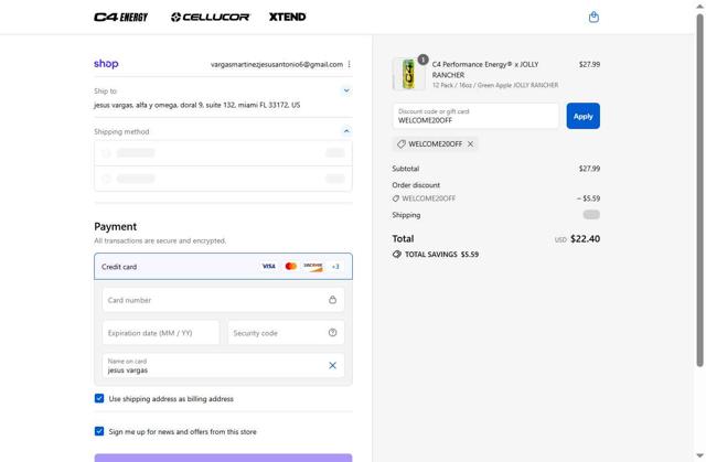 C4 Energy checkout page showing C4 Energy promo code box | Screenshot taken by SimplyCodes community member on Sep 14, 2025