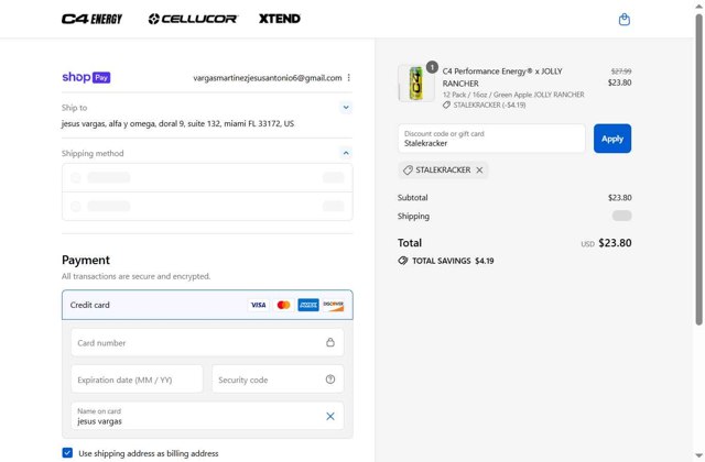 C4 Energy checkout page showing C4 Energy promo code box | Screenshot taken by SimplyCodes community member on Aug 25, 2025
