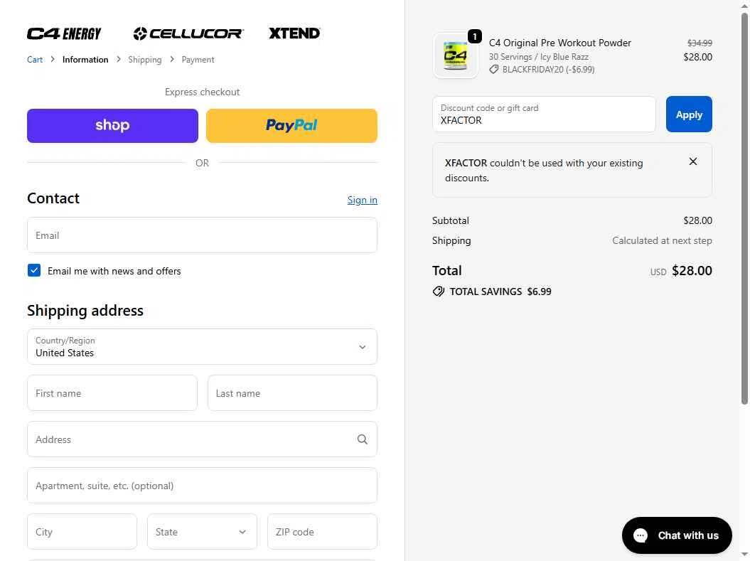 C4 Energy checkout page showing C4 Energy promo code box | Screenshot taken by SimplyCodes community member on Nov 25, 2025
