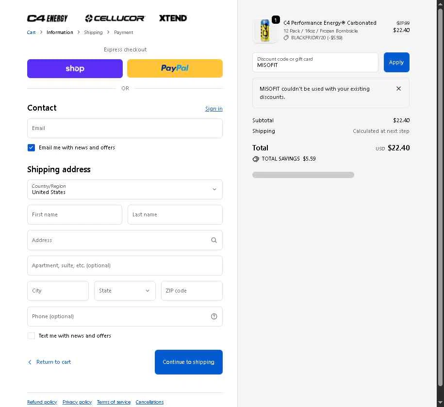 C4 Energy checkout page showing C4 Energy promo code box | Screenshot taken by SimplyCodes community member on Nov 25, 2025