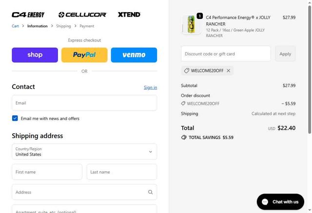 C4 Energy checkout page showing C4 Energy promo code box | Screenshot taken by SimplyCodes community member on Sep 24, 2025