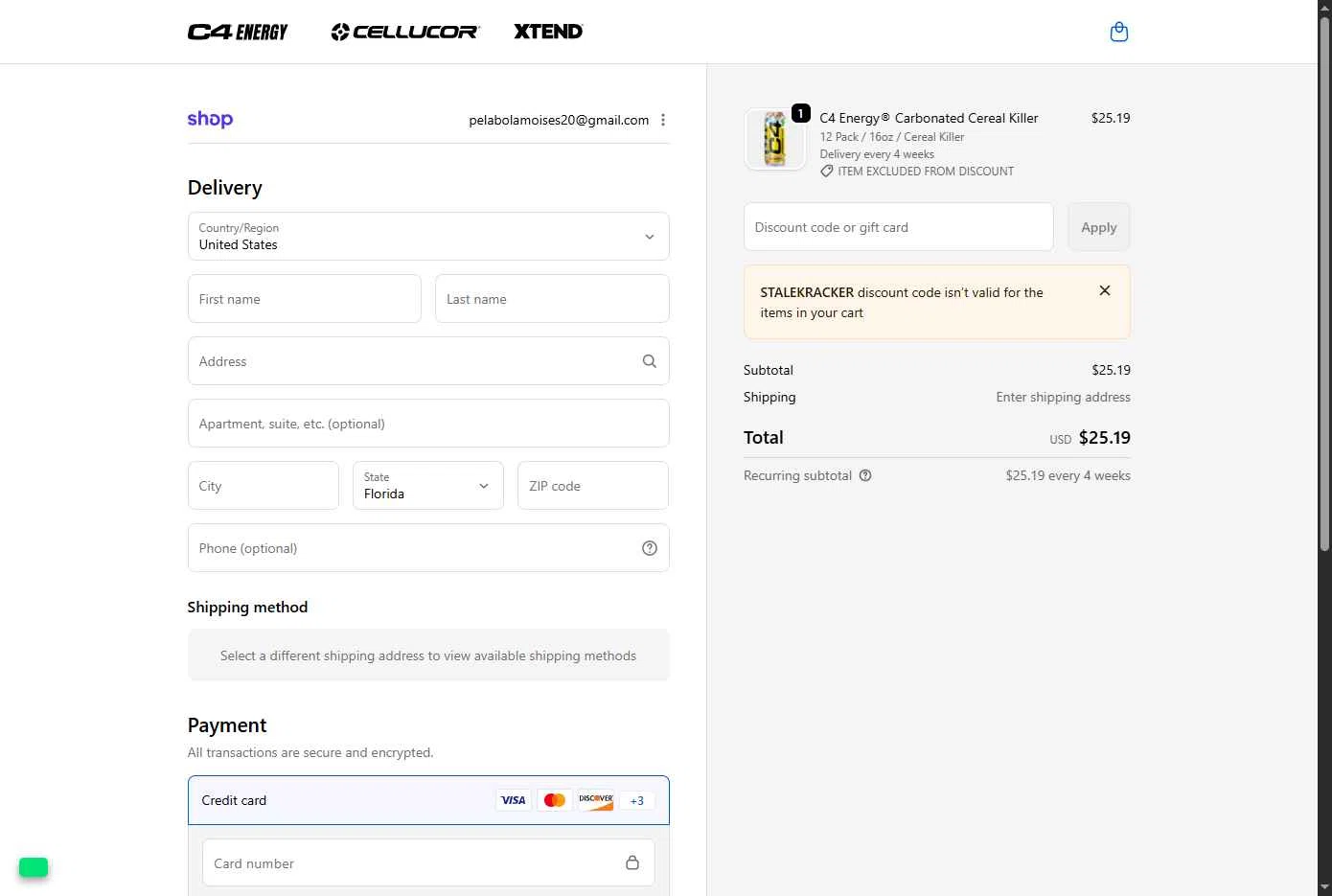 C4 Energy checkout page showing C4 Energy promo code box | Screenshot taken by SimplyCodes community member on Dec 19, 2025