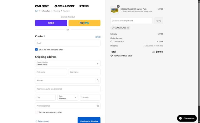 C4 Energy checkout page showing C4 Energy promo code box | Screenshot taken by SimplyCodes community member on Sep 2, 2025