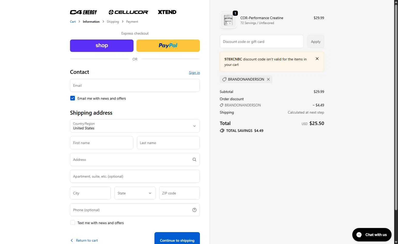 C4 Energy checkout page showing C4 Energy promo code box | Screenshot taken by SimplyCodes community member on Jan 4, 2026