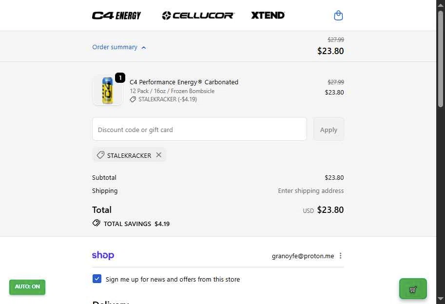 C4 Energy checkout page showing C4 Energy promo code box | Screenshot taken by SimplyCodes community member on Feb 15, 2026
