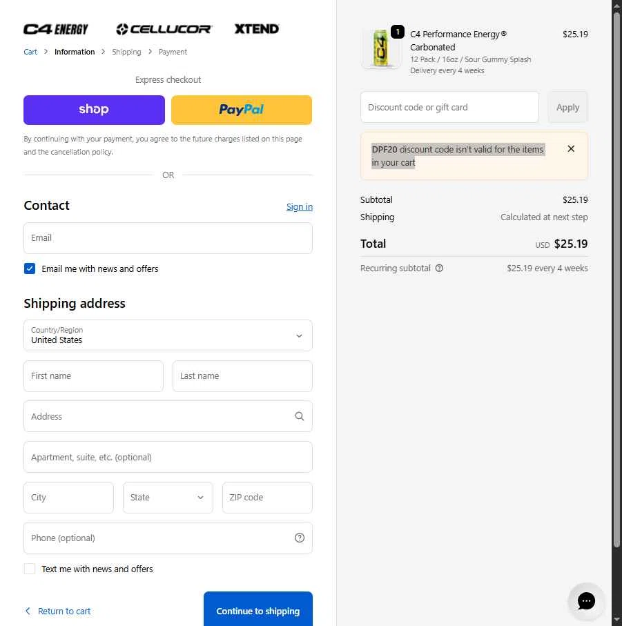 C4 Energy checkout page showing C4 Energy promo code box | Screenshot taken by SimplyCodes community member on Feb 25, 2026