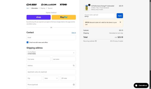 C4 Energy checkout page showing C4 Energy promo code box | Screenshot taken by SimplyCodes community member on Oct 3, 2025