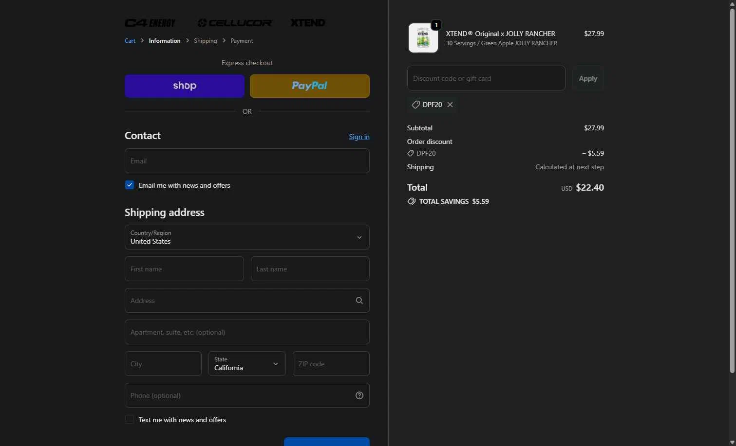 C4 Energy checkout page showing C4 Energy promo code box | Screenshot taken by SimplyCodes community member on Jan 27, 2026