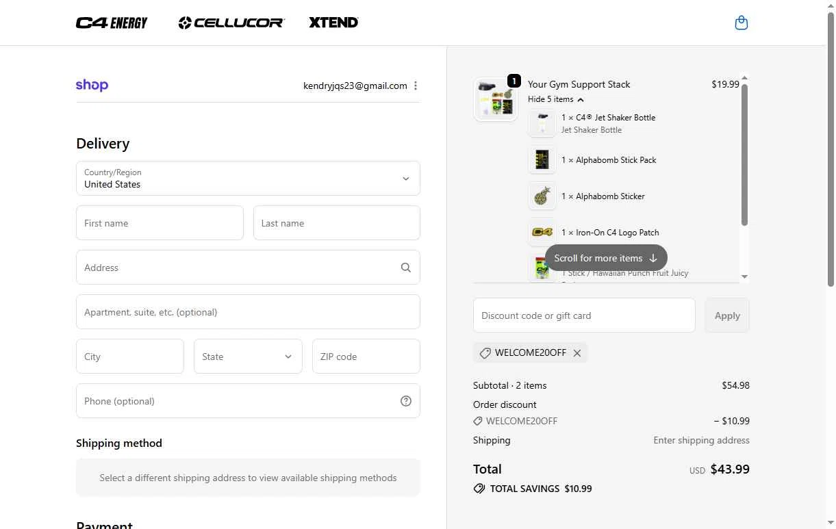 C4 Energy checkout page showing C4 Energy promo code box | Screenshot taken by SimplyCodes community member on Dec 2, 2025