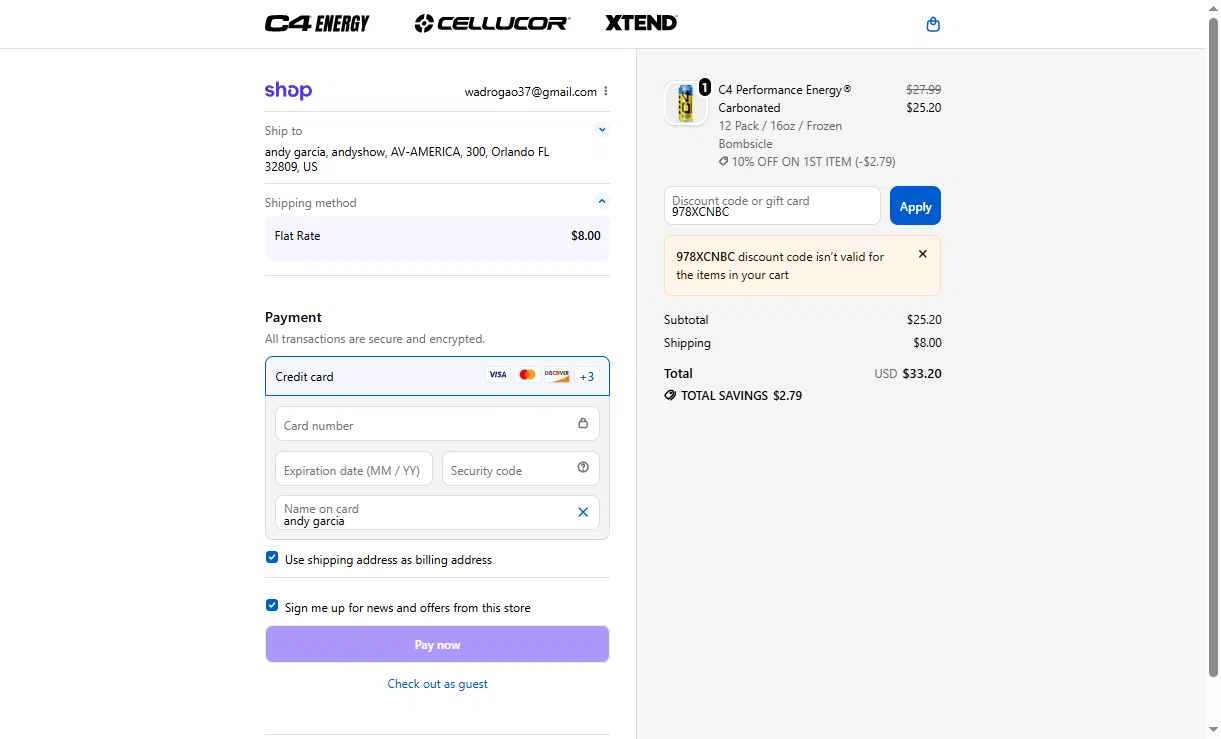 C4 Energy checkout page showing C4 Energy promo code box | Screenshot taken by SimplyCodes community member on Dec 6, 2025