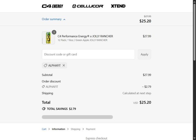 C4 Energy checkout page showing C4 Energy promo code box | Screenshot taken by SimplyCodes community member on Sep 5, 2025