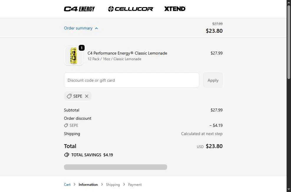 C4 Energy checkout page showing C4 Energy promo code box | Screenshot taken by SimplyCodes community member on Nov 25, 2025